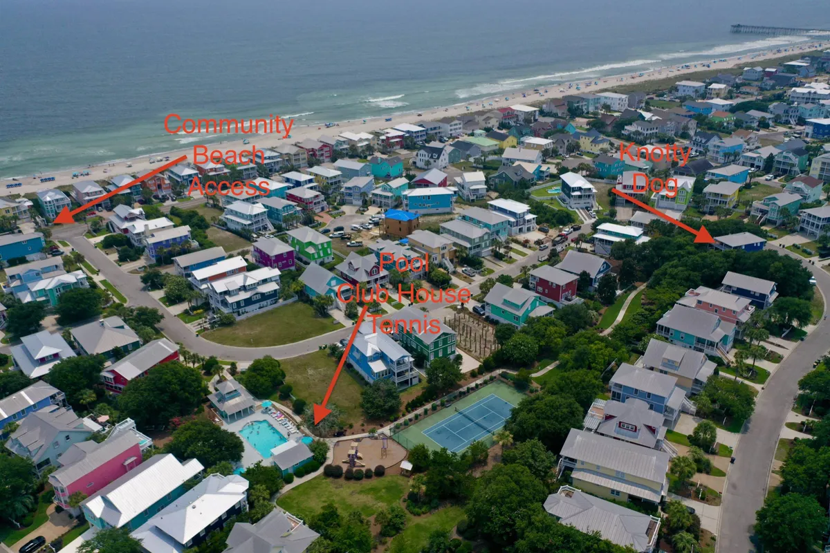 A vibrant aerial view showing the community's private beach access, sparkling pool, tennis courts, club house, and the Knotty Dog property nestled among greenery. The image captures the heart of the neighborhood amenities that are all steps from the home, with the ocean visible in the distance.